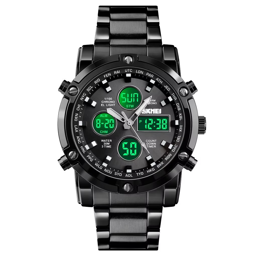 Men’s Stainless Steel Waterproof Chronograph Watch Analog + Digital Power, Bold Design