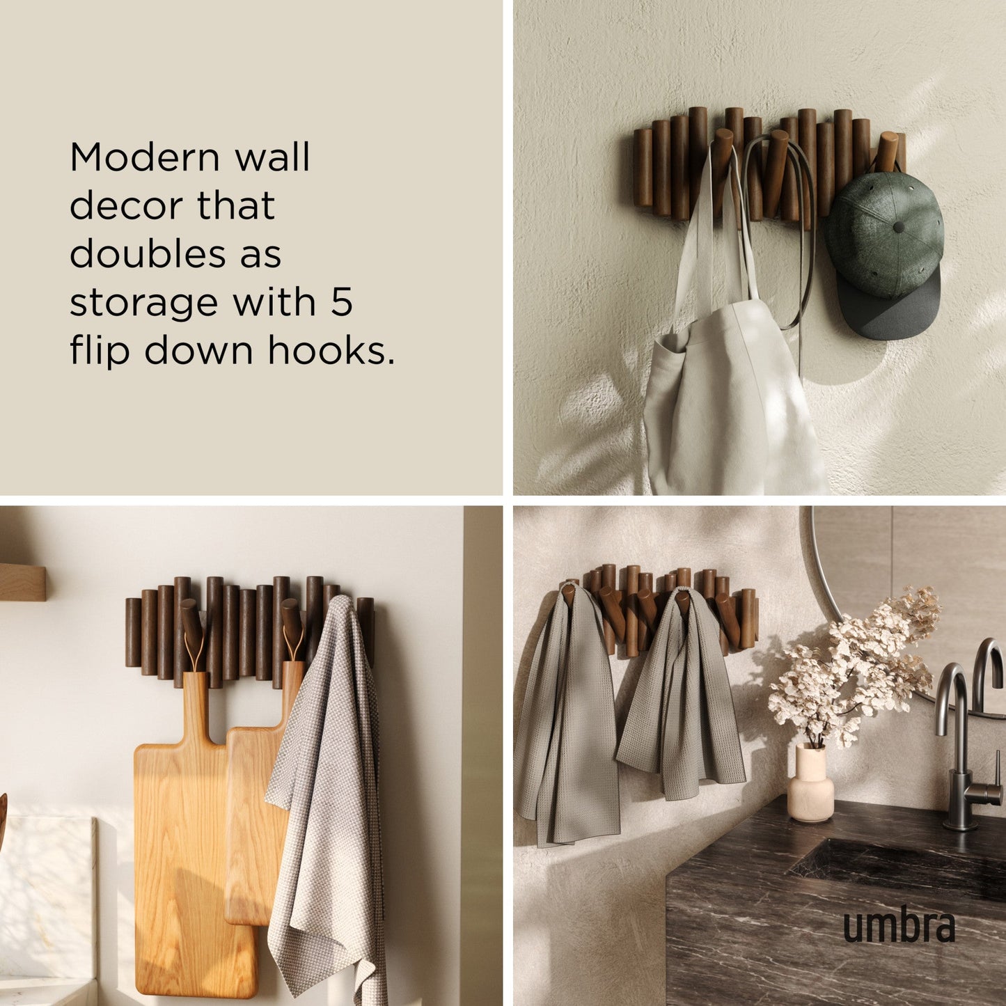 Real Pine Wood Wall Hook 5 Flip Down Hook.